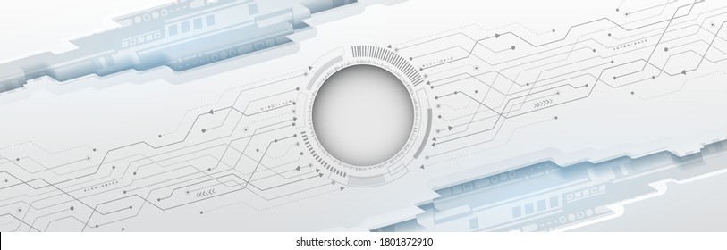 Abstract high tech circuit board in grey tones. Wide Technology background with various technology elements.