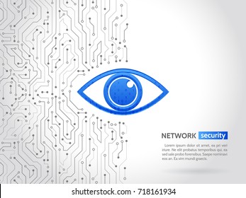 Abstract High Tech Circuit Board. Eye Cyber Security Concept. Network Data Protection Background. Search And Analysis Of Information.