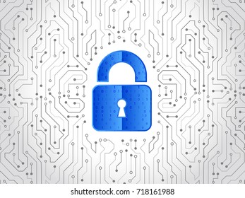Abstract high tech circuit board. Technology data protection concept. System privacy, network security. Digital padlock vector illustration.
