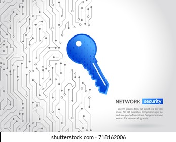 Abstract high tech circuit board with technology key. Security concept background. Cyber data security, information privacy. Global internet network protection.