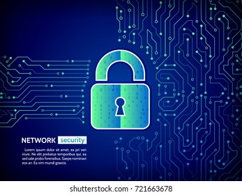 Abstract High Tech Circuit Board. Technology Data Protection Concept. System Privacy, Network Security. Digital Padlock Vector Illustration.