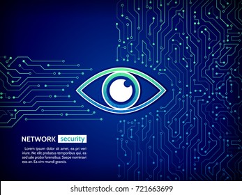 Abstract high tech circuit board. Eye cyber security concept. Network data protection background. Search and analysis of information.