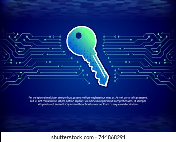 Abstract high tech circuit board with technology key. Security concept background. Cyber data security, information privacy. Global internet network protection.