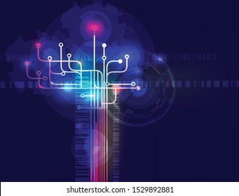 Abstract High tech electronic, microchips and glowing digital electronic signals. Energy neon lines. Data streams.