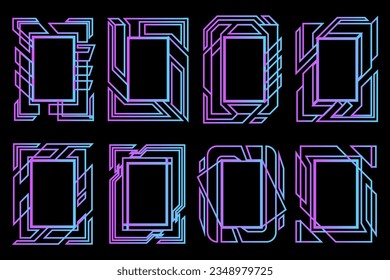 Abstract high tech frames. Rectangle technological neon frames set with blue and purple gradient. Sci fi cyberspace futuristic border panels.