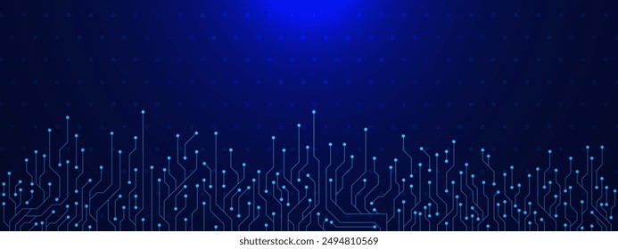 Abstract high technology circuit board texture. Electrical line, digital engineering, network connection and communication on dark blue background. Vector illustration.