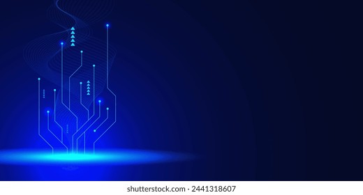 Abstraktes High-Tech-Konzept mit Leiterplatte. Digitale Verbindung, Kommunikation und Engineering auf dunkelblauem Hintergrund. Vektorgrafik.