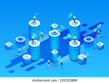 Abstract high technology concept. Data storage. Web cloud technology business. Internet data services. Vector isometric illustration.