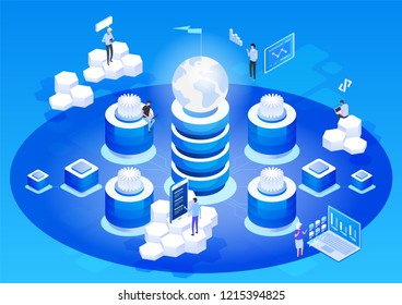 Abstract high technology concept. Data storage. Web cloud technology business. Internet data services. Vector isometric illustration.