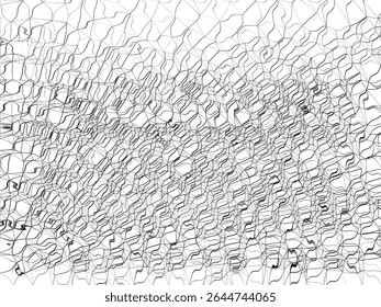 an abstract, high-contrast, black and white image featuring a complex, irregular grid or mesh pattern. It evokes a sense of intricate detail and perhaps movement due to its non-linear forms.