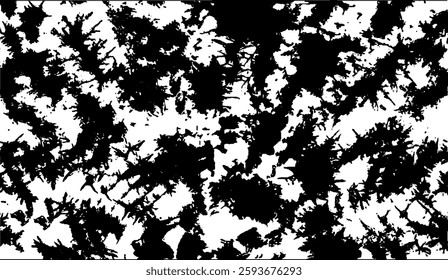 Abstract high-contrast black and white splatter design with intricate details resembling branching patterns and dense clusters of organic shapes