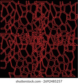 Abstract, high-detail pattern composed of densely packed, irregular polygons outlined in both red and black on a white background. The intricate arrangement resembles a complex biological or microscop