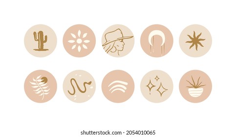 Abstract highlight covers in bohemian style. Minimalistic boho icon set. Social media story covers in light pastel colors. Vector mystical symbols. Flat natural design elements.
