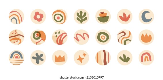 Abstract highlight covers with boho shapes and hand drawn doodles. Trendy contemporary social media story circle icons with rainbows, flowers, crown, star, and plants, stories cover vector set
