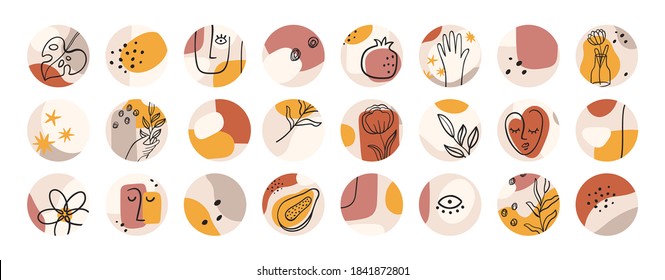 Abstract highlight covers. Contemporary shapes and minimalist line woman face. Round icons for bloggers social media stories, vector set. Highlight fashion lifestyle, flower contemporary round stories