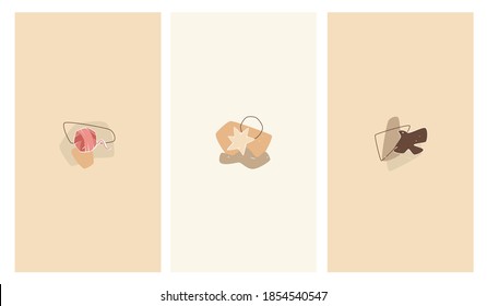 Resumen de las portadas más destacadas para las historias de medios sociales de 1080x1920 px cada una. Formas geométricas de moda en tonos pastel. Arte vectorial contemporáneo. Bola de punto de lana, estrella y pájaro.
