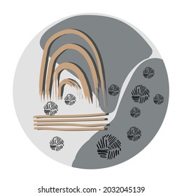 Abstract highlights icon. Hand drawn various shapes and objects doodle brush strokes, stones and water. Modern trendy brown and beige colors. Each icon is isolated.