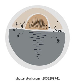 Abstract highlights icon. Hand drawn various shapes and objects doodle brush strokes, stones and water. Modern trendy brown and beige colors. Each icon is isolated.