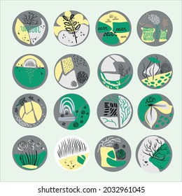 Abstract highlights icon. Hand drawn various shapes and objects doodle brush strokes, stones and water. Modern trendy green, yellow and gray colors. Each icon is isolated.