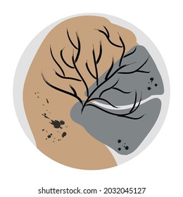 abstract highlights icon on the theme of plants and water. Hand-drawn various shapes and objects scribbles brush strokes, spots. Modern trendy brown and beige colors. Each icon is isolated.