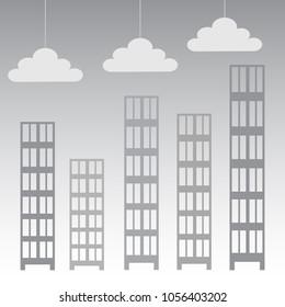 Abstract high-rise buildings with clouds on a blue background. Vector illustration.