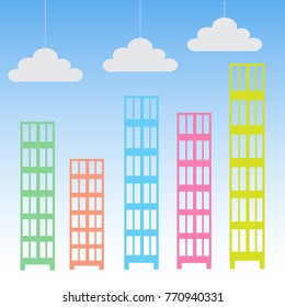 Abstract high-rise buildings with clouds on a blue background. Vector illustration.
