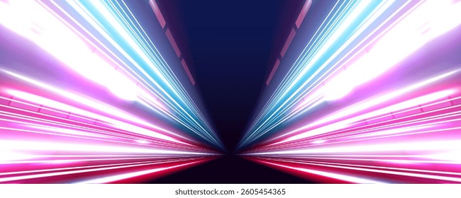 Abstract high-speed motion with long exposure and neon light painting, featuring glittering fire flare traces, optic fiber twists, and glowing curves.	