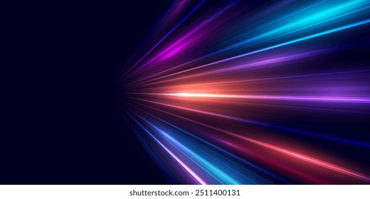 Abstract high-speed movement background. Dynamic motion light trails with motion blur effect on dark background. Futuristic, technology pattern for banner or poster design.