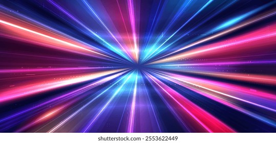 Abstract high-speed movement background. Laser beams luminous. Dynamic light trails with motion blur effect on dark background. Futuristic, technology pattern for banner or poster design.