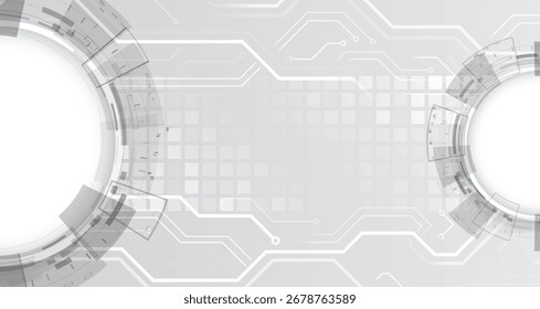 Fondo Abstractas de alta tecnología con Elementos circulares futuristas, patrón de cuadrícula y líneas de circuitos digitales en tonos grises. Ideal para la tecnología, la innovación y el diseño empresarial moderno.