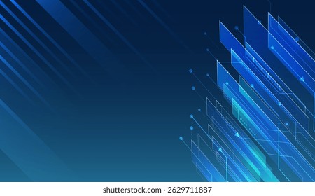 Fundo de alta tecnologia abstrato com linhas geométricas brilhantes, elementos digitais e um gradiente azul futurista. Perfeito para apresentações de tecnologia, designs com tema de inovação e banners para Web.