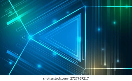 Abstract high-tech background with glowing neon lines and geometric shapes in blue and green tones, symbolizing digital innovation, future technology and dynamic motion.