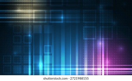 Abstract high-tech background with glowing squares, dots, and vertical light beams in blue and purple tones, representing digital data flow, modern technology, and futuristic interface design.