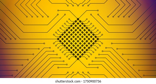 Abstract high-tech background. Printed circuit Board with black, gold, copper texture of the processor and contacts. Stock vector illustration.