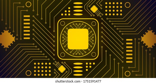 Abstrakter High-Tech-Hintergrund. Gedruckte Leiterplatte mit schwarz, goldfarben, Kupferstruktur des Prozessors und Kontakten. Stock-Vektorgrafik.