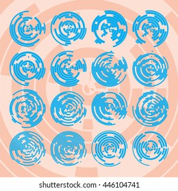Abstract hightech blue collection set of 16 radars, Technology circle background. eps 10.