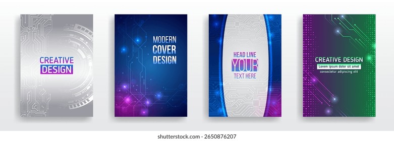 Abstract high-tech flyer templates featuring circuit boards, high-tech elements, radial lines and glowing highlights. Ideal for technology events, digital presentations and futuristic concepts.