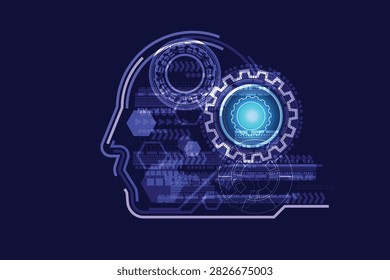 Abstract high-tech vector background featuring a blue profile outline of a human head filled with glowing digital gears, HUD elements, and circuit patterns, representing AI, brainpower, and technology.