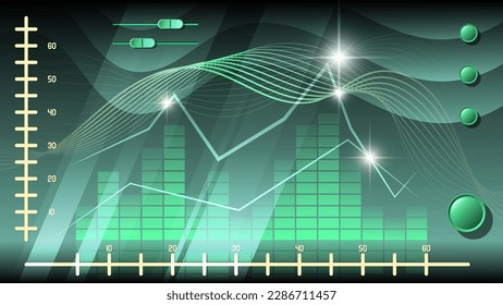 Abstract high-tech wallpaper in green tones. Image from the monitor with a variety of graphs, control buttons, arrows, scales and signal lights. Template for your projects. Vector.