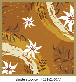 Abstract hijab design with flower and leaves on brown. Silk scarf pattern
