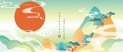 Abstract Hill Landscape In Oriental Style Background. Japanese Line Art Pattern Design With Mountain, Tree, Red Sun And Cloud. Chinese Design Suitable For Wallpaper, Prints, Cover And Decoration.