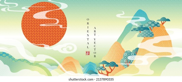 Abstract Hill Landscape In Oriental Style Background. Japanese Line Art Pattern Design With Mountain, Tree, Red Sun And Cloud. Chinese Design Suitable For Wallpaper, Prints, Cover And Decoration.