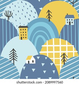 Abstract hill valley winter scribble pattern. Mountain landscape with houses and  trees baby seamless print for fabric, textile, wrapping paper, apparel, nursery.