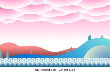 Abstract hills with wavy water and cloudy background