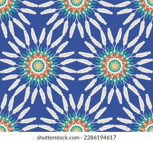 Abstract Hippie Boho Feathers Circles Seamless Vector Pattern Trendy Fashion Colors Perfect for Allover Fabric Print or Wrapping Paper Royal Blue Background
