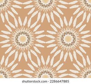 Abstrait Hippie Boho Feathers Cercles Motif Vectoriel Harmonieux Motif Vectoriel Couleurs De Mode Idéales pour tissu Allover Impression ou papier à envelopper Fond Marron Sable