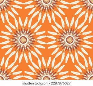 Abstract Hippie Boho Feathers Circles Seamless Vector Pattern Trendy Fashion Colors Perfect for Allover Fabric Print or Wrapping Paper Orange Background