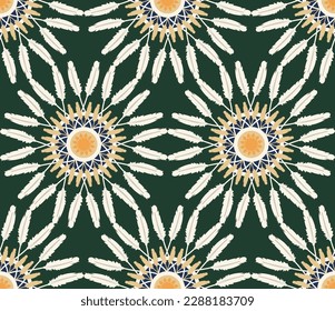 Resumen Hippie Boho Feathers Círculos Patrón vectorial transparente Colores de moda de moda Perfecto para la impresión de tela de alamante o envolver papel Fondo Verde oscuro