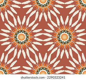 Abstract Hippie Boho Feathers Circles Seamless Vector Pattern Trendy Fashion Colors Perfect for Allover Fabric Print or Wrapping Paper Amber Brown Background