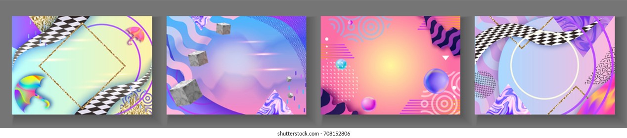 Abstract hipster color composition in trendy 90s style with umbrella, geometric shapes, fluid and liguid texture, futuristic bright background, template for banner, poster, vector illustration